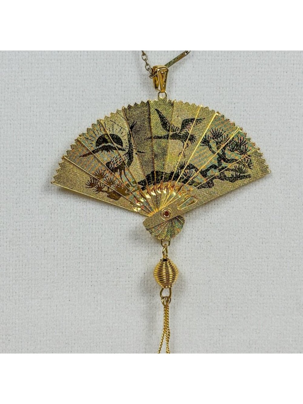 Vintage Japanese Folding Fan Necklace Gold Tone Costume Jewelry Statement C61